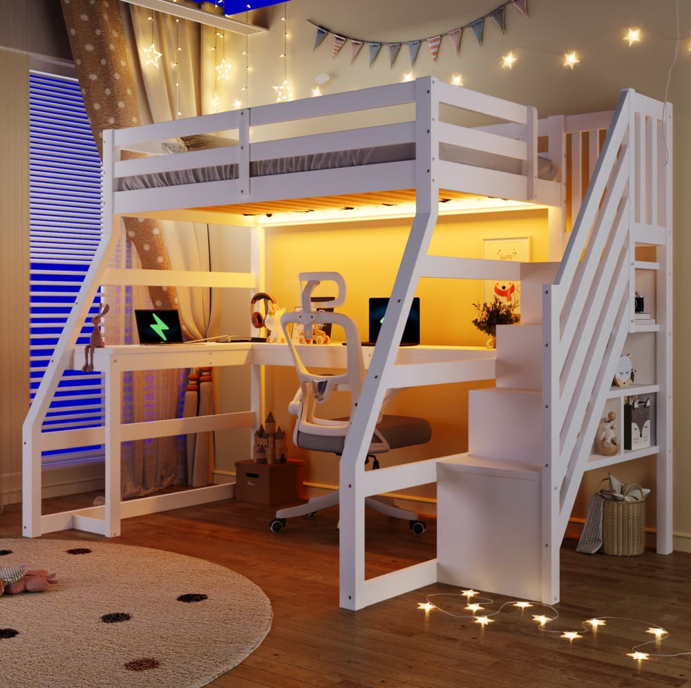Hochbett aus Holz mit Schreibtisch und Treppe 90x200 cm, Weiß -