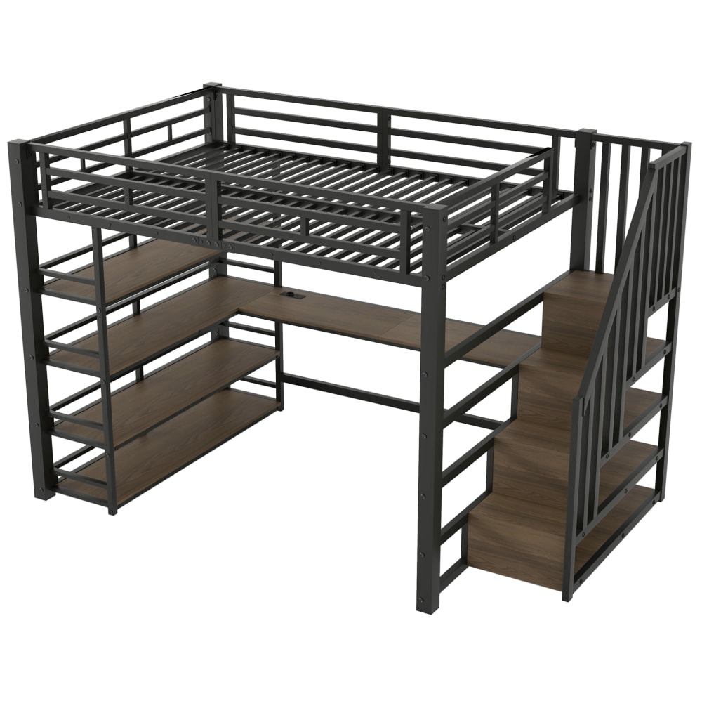 REDOM Hochbett aus Metall mit Schreibtisch und Stauraum 140x200 cm, Schwarz style modern SCHWARZ METALL Baby