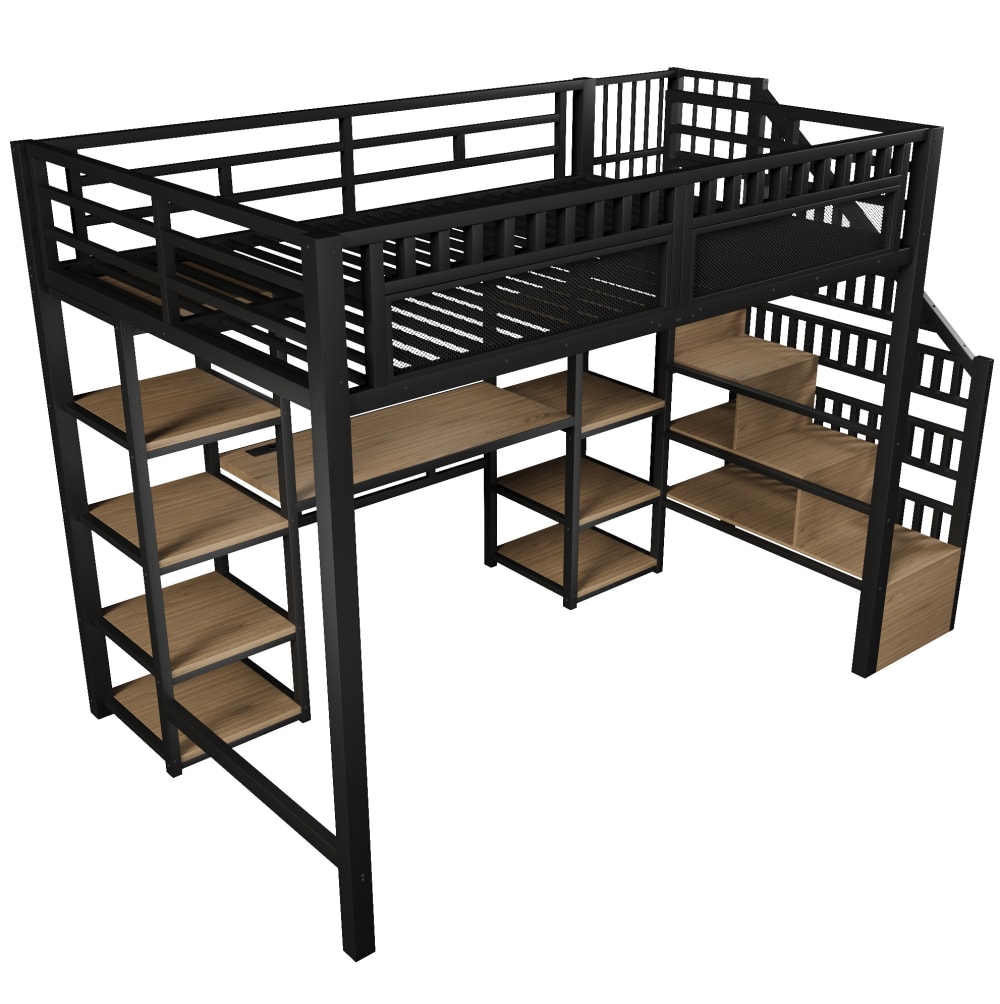 REDOM Hochbett aus Metall mit Schreibtisch und Stauraum 140x200 cm, Schwarz SCHWARZ METALL Baby