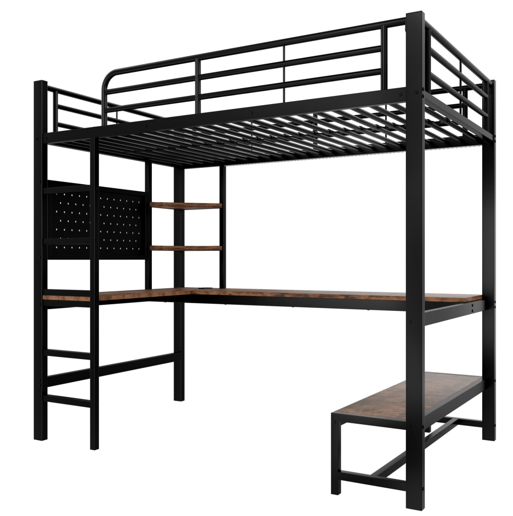 REDOM Hochbett aus Metall mit Schreibtisch und LED 90x200 cm, Schwarz SCHWARZ METALL Baby