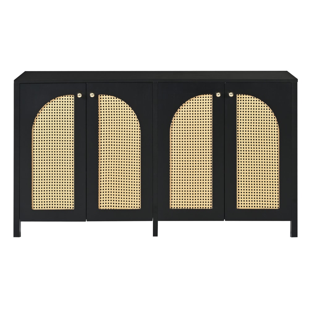 REDOM Sideboard aus MDF mit 4 Rattantüren, Schwarz Schwarz Spanplatte
