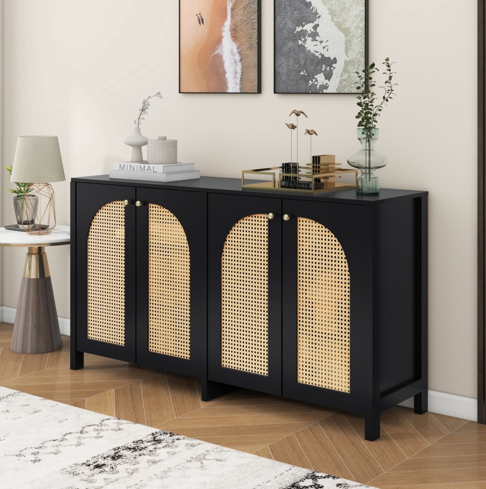 Sideboard aus MDF mit 4 Rattantüren, Schwarz - Maisons Du Monde