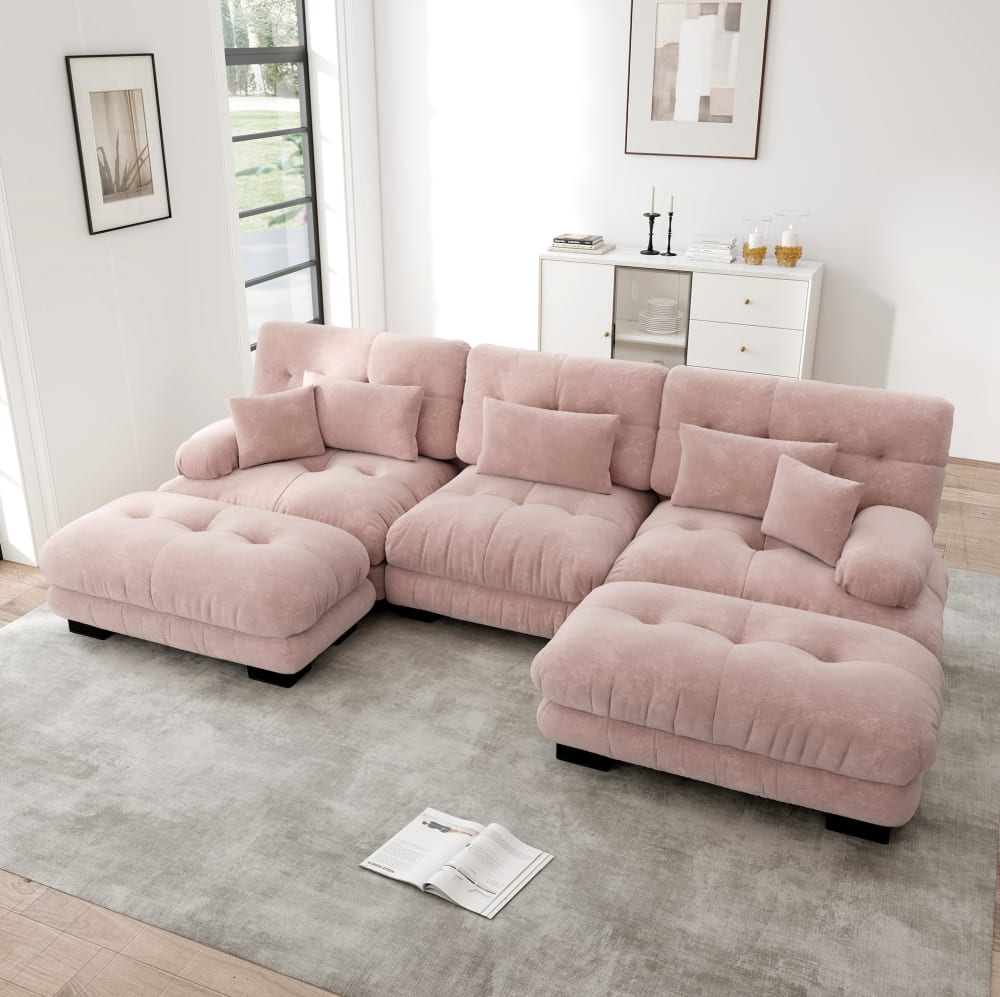 Modulares Sofa aus Chenille mit Ottomane, Pink, komprimiert