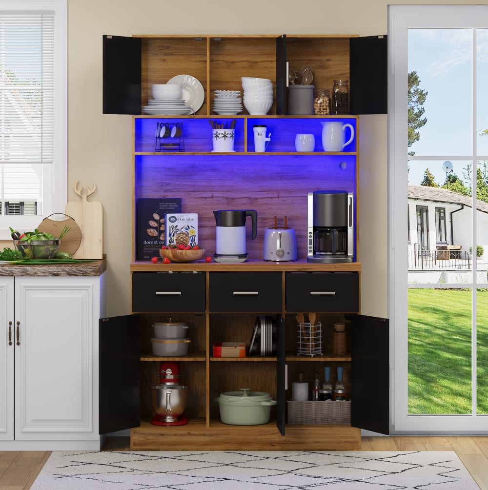 Buffetschrank aus MDF mit LED 100x40x180 cm, Natur/Schwarz -