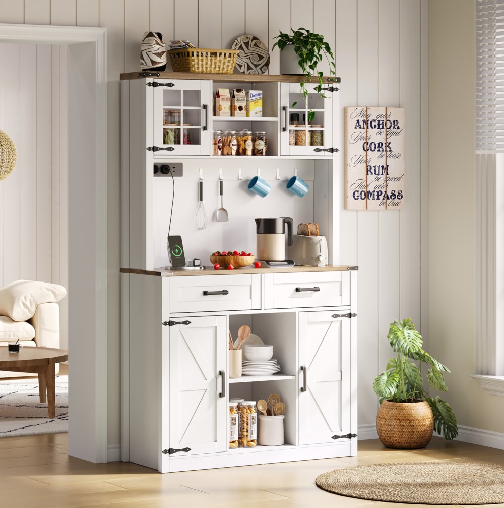 Buffetschrank aus Spanplatte mit LED und Ladestation, Braun+Weiß