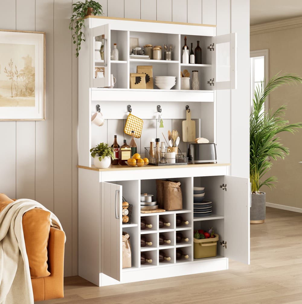 Küchenbuffet aus Spanplatte mit Glastüren 106x39x175, Weiß/Natur