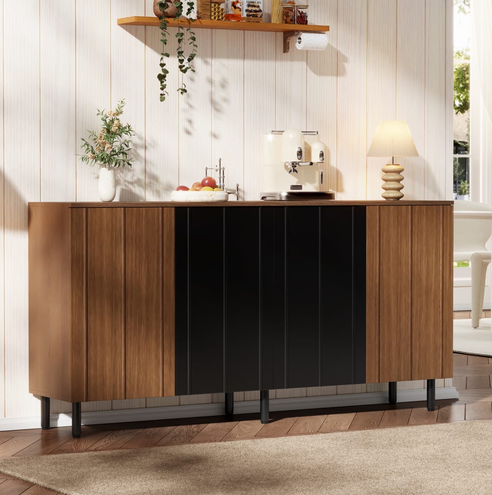 Buffet aus Spanplatte mit 4 Türen 160x35x80 cm, Nussbaum/Schwarz