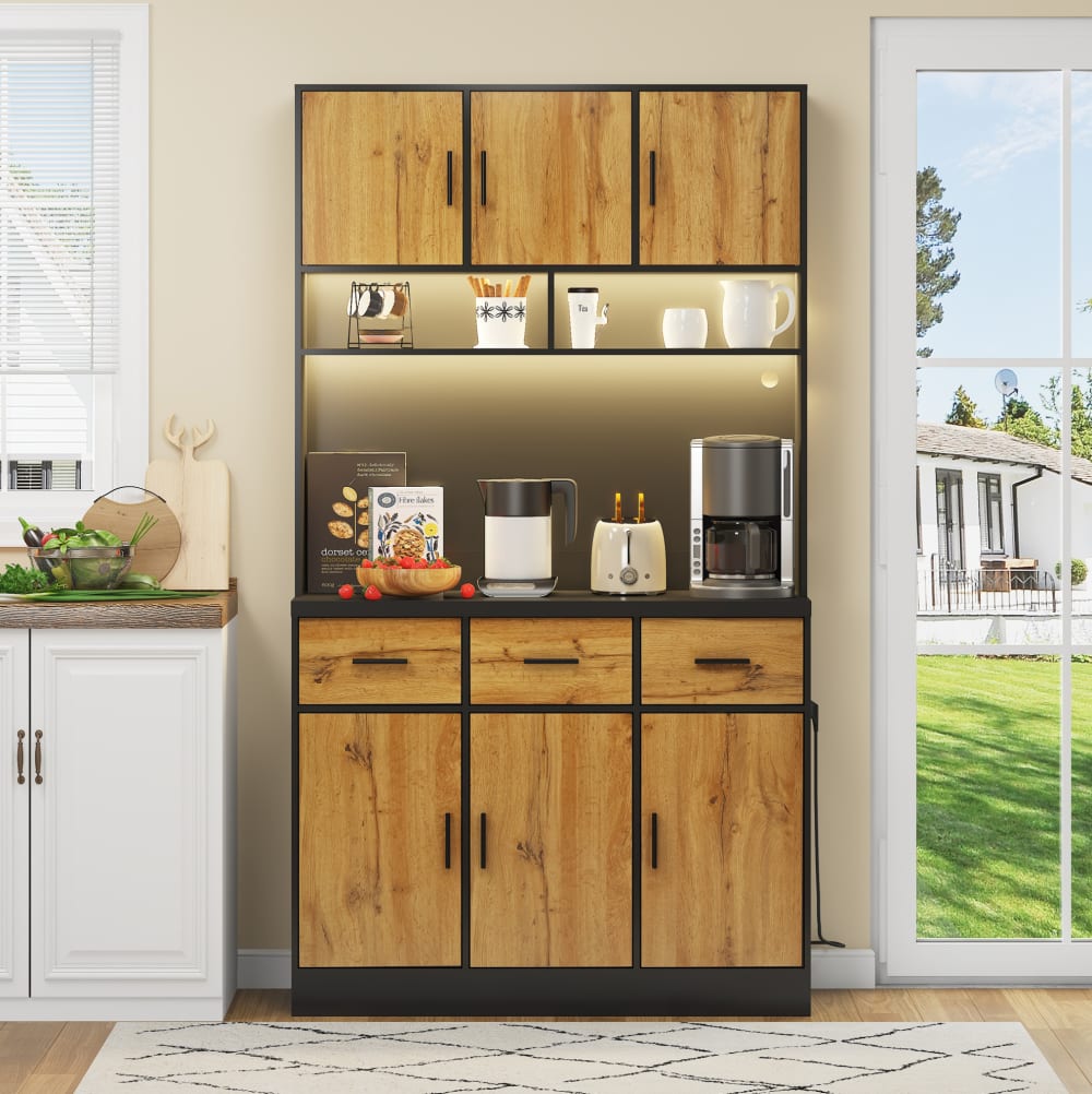 Buffetschrank aus MDF mit LED 100x40x180 cm, Schwarz/Natur -