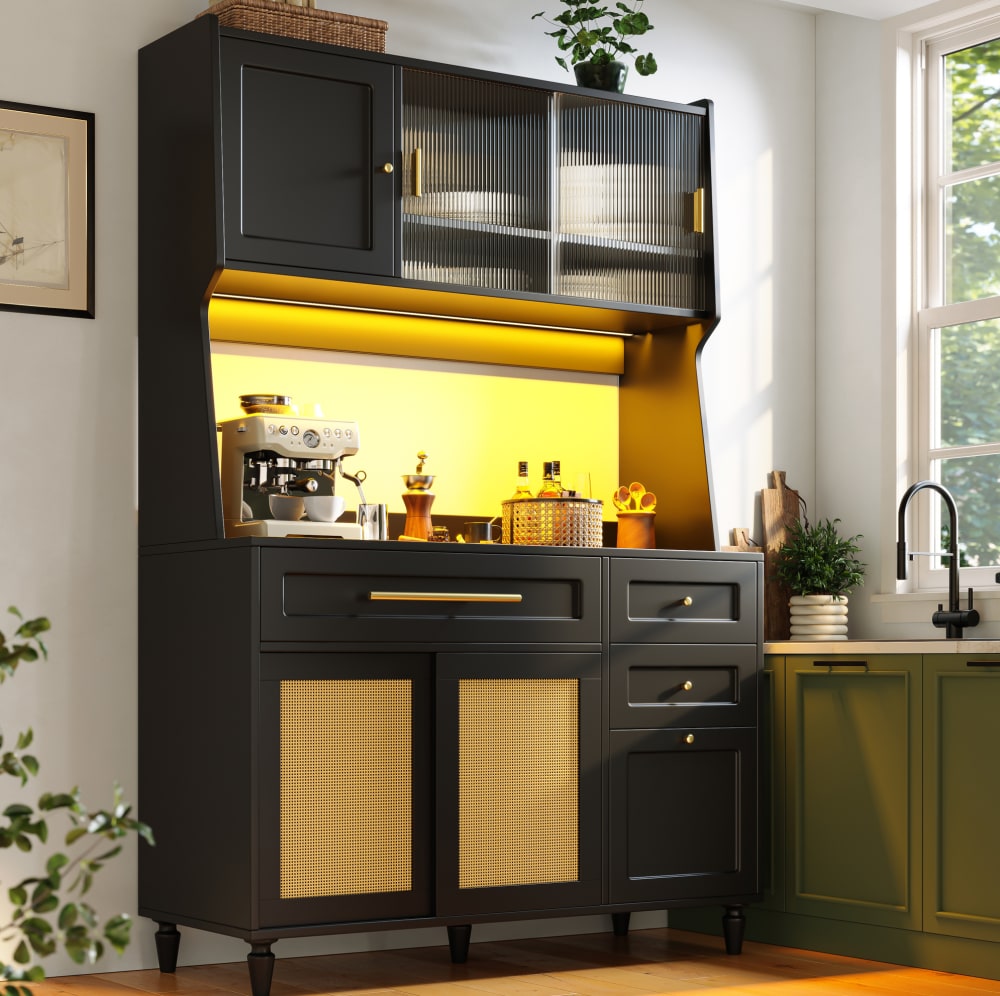 Hochschrank aus Spanplatte mit LED 120x45x195,5 cm, Schwarz -