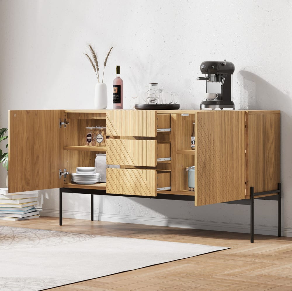 Buffet en panneaux de particules avec 3 tiroirs naturel 140x40x75 cm