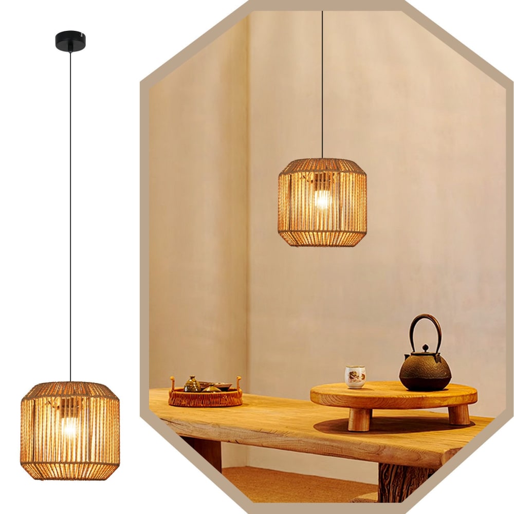 Suspension en fer et corde en chanvre, noir et beige clair, h.146cm — vue 3