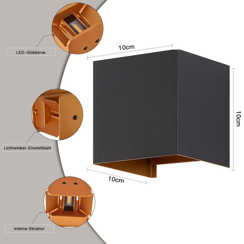 Applique murale en aluminium noir 10x10x10cm lot de 2 led 3000k 5w — vue 4