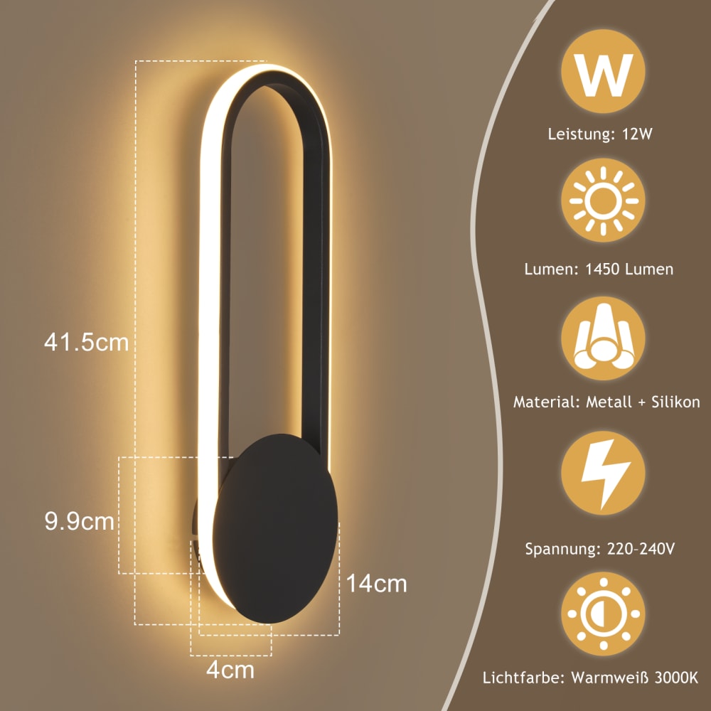 Applique murale en fer noir 41.5x14x4cm led 3000k 12w — vue 4