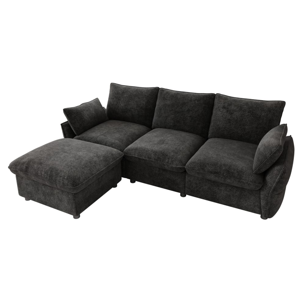 Canapé d'angle 3 places en chenille gris foncé avec pouf