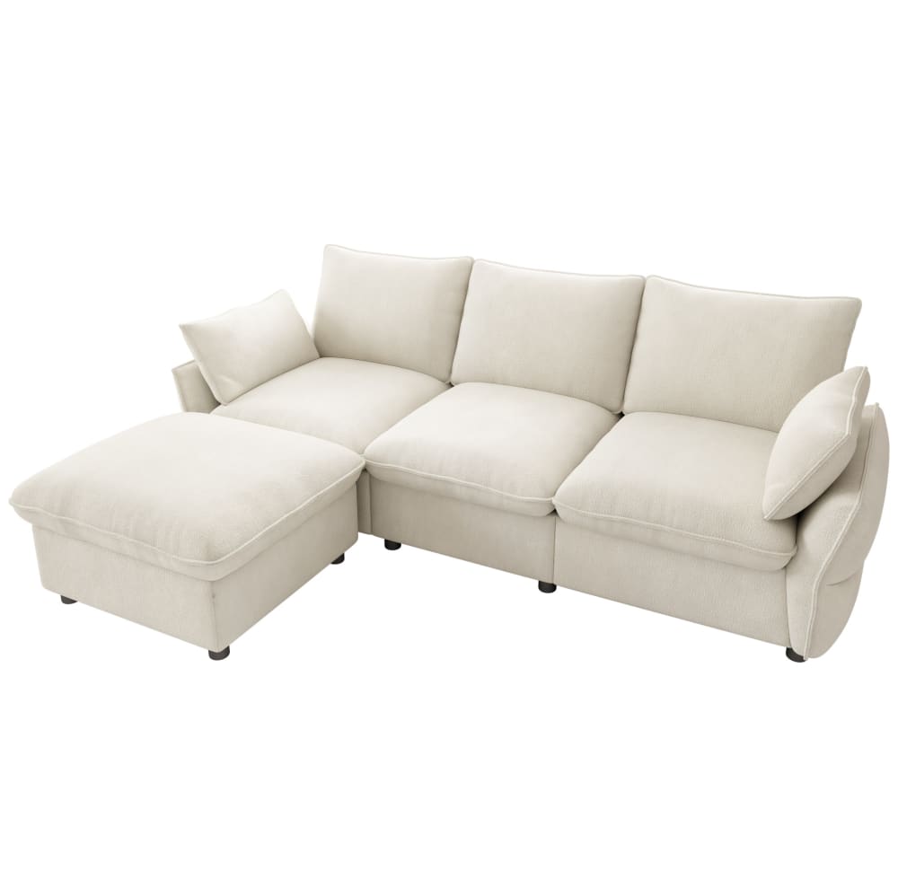 Canapé d'angle en chenille beige avec pouf 222,5x154,5x76,5 cm