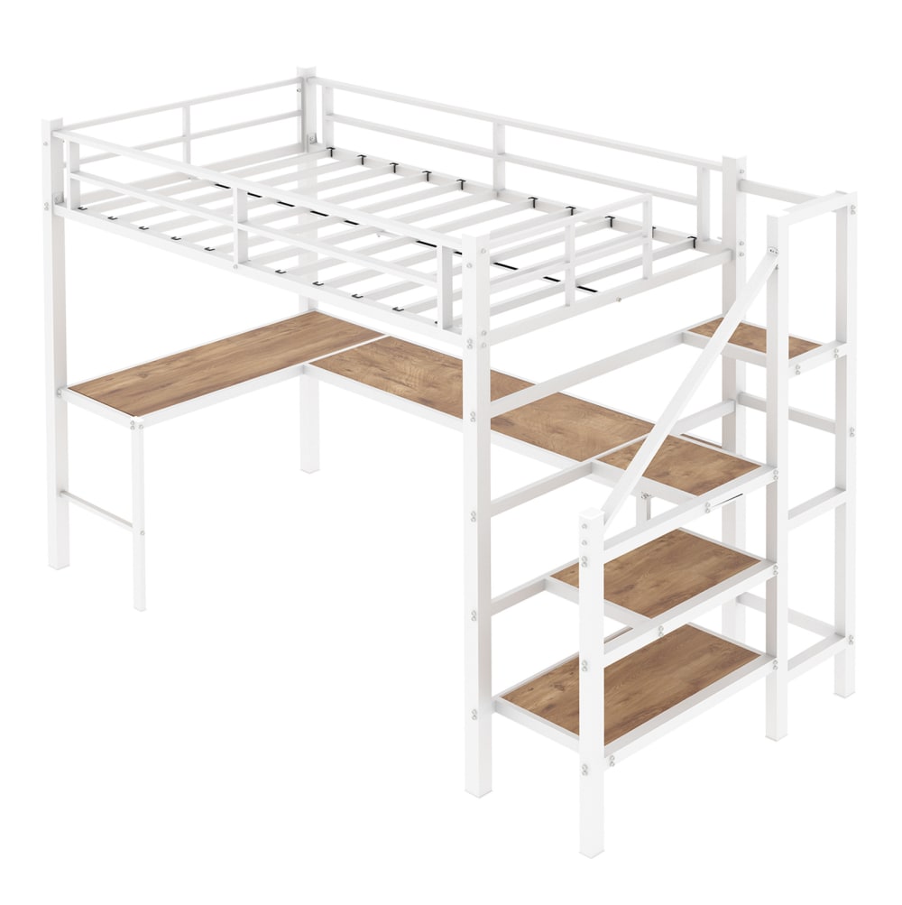 Lit mezzanine enfant en fer blanc avec bureau et rangements 90x190 cm