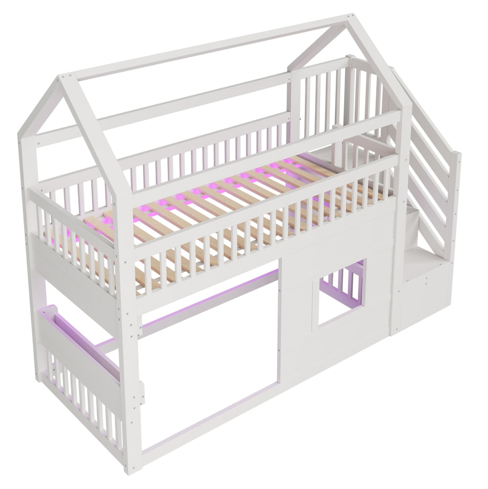 Lit mezzanine enfant en pin blanc avec escalier et led 90x200 cm