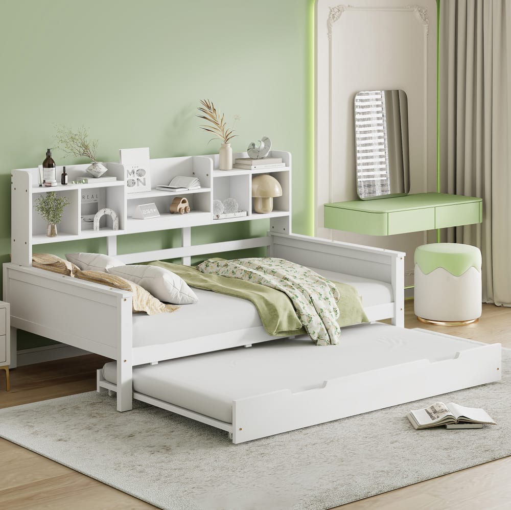 Tagesbett aus Kiefernholz weiß mit Ausziehbett 90x200 cm -