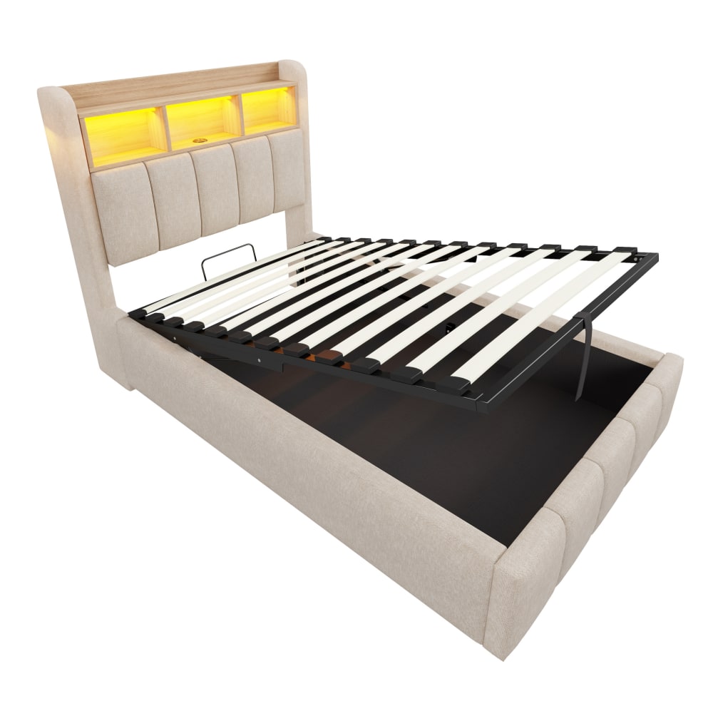 Hauss Spole Polsterbett mit Leinenbezug beige LED Stauraum 90x200 cm Leinen Baby