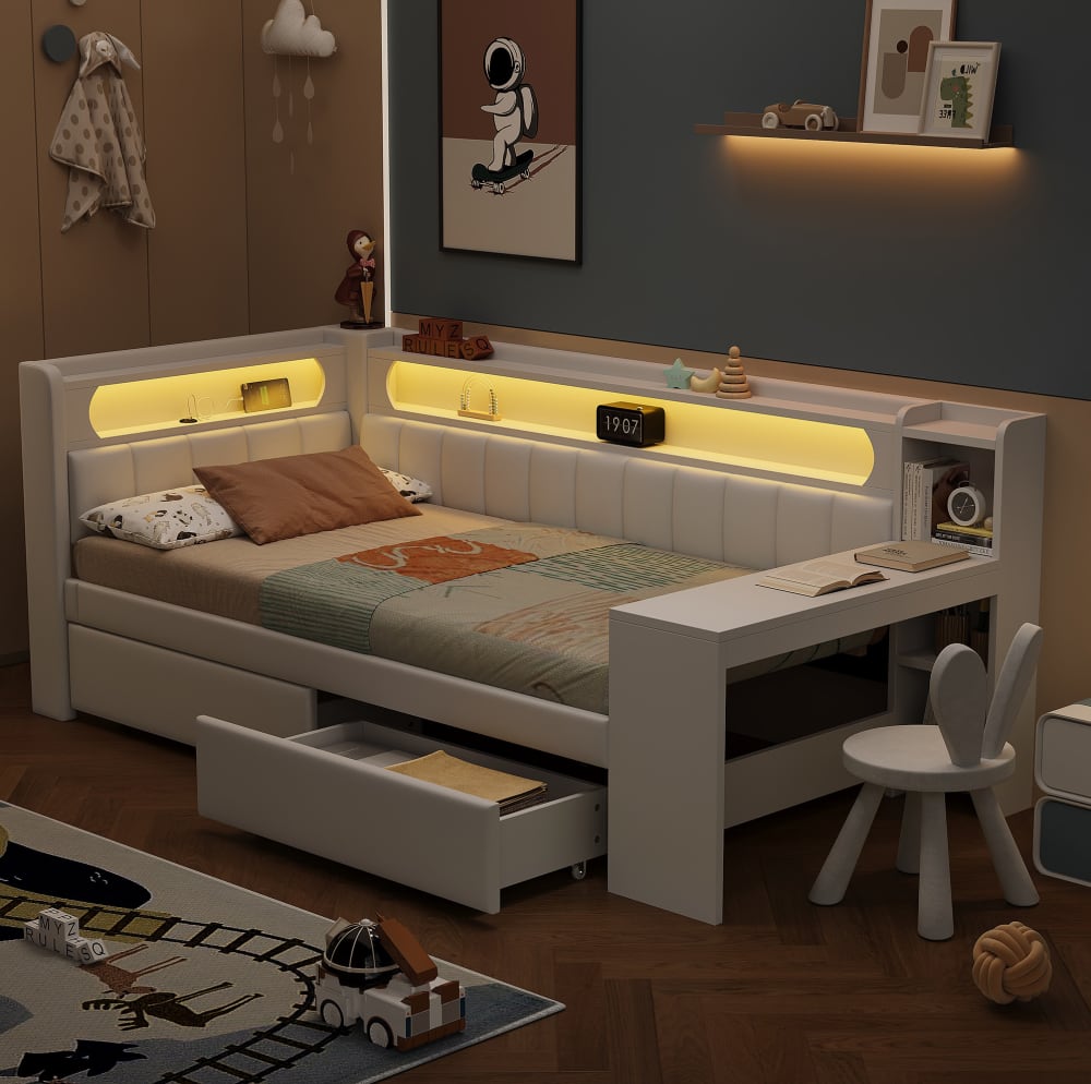 Daybed aus Holz weiß mit LED, Schreibtisch und Schubladen 90x200
