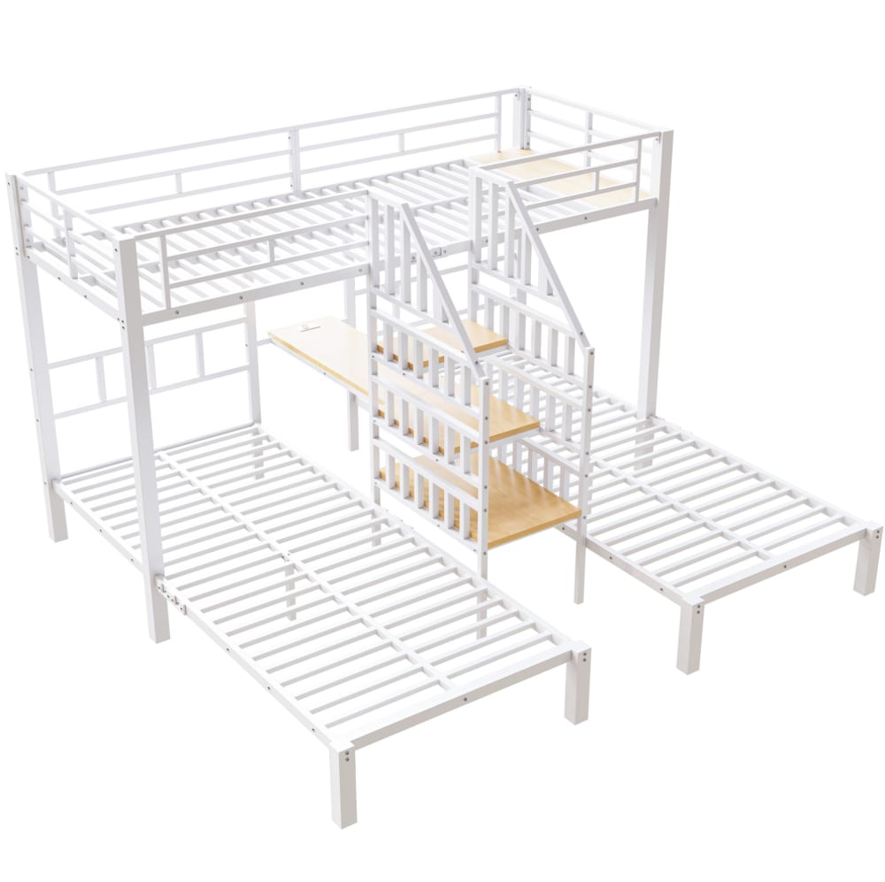 Lit superposé enfant triple avec bureau en acier blanc 90x200 cm