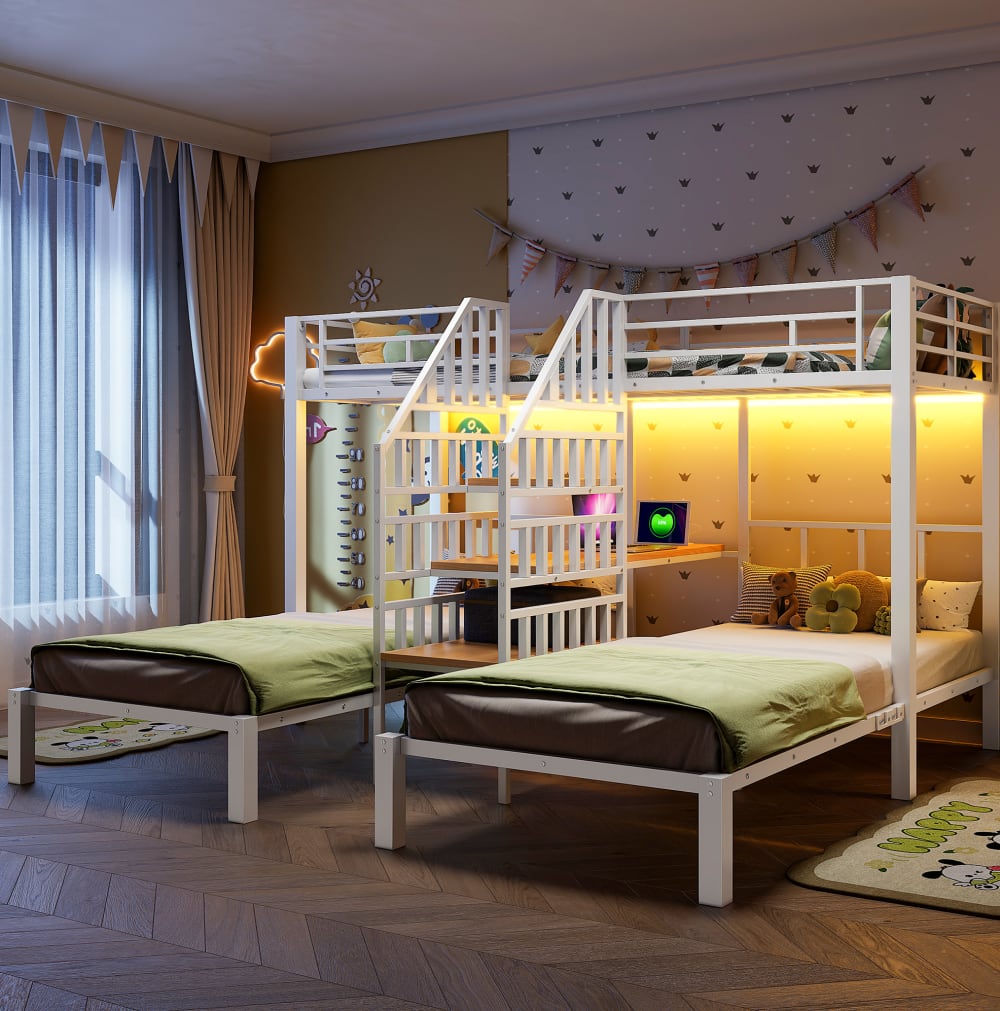 Kinder Etagenbett mit Schreibtisch und Regal aus Stahl weiß