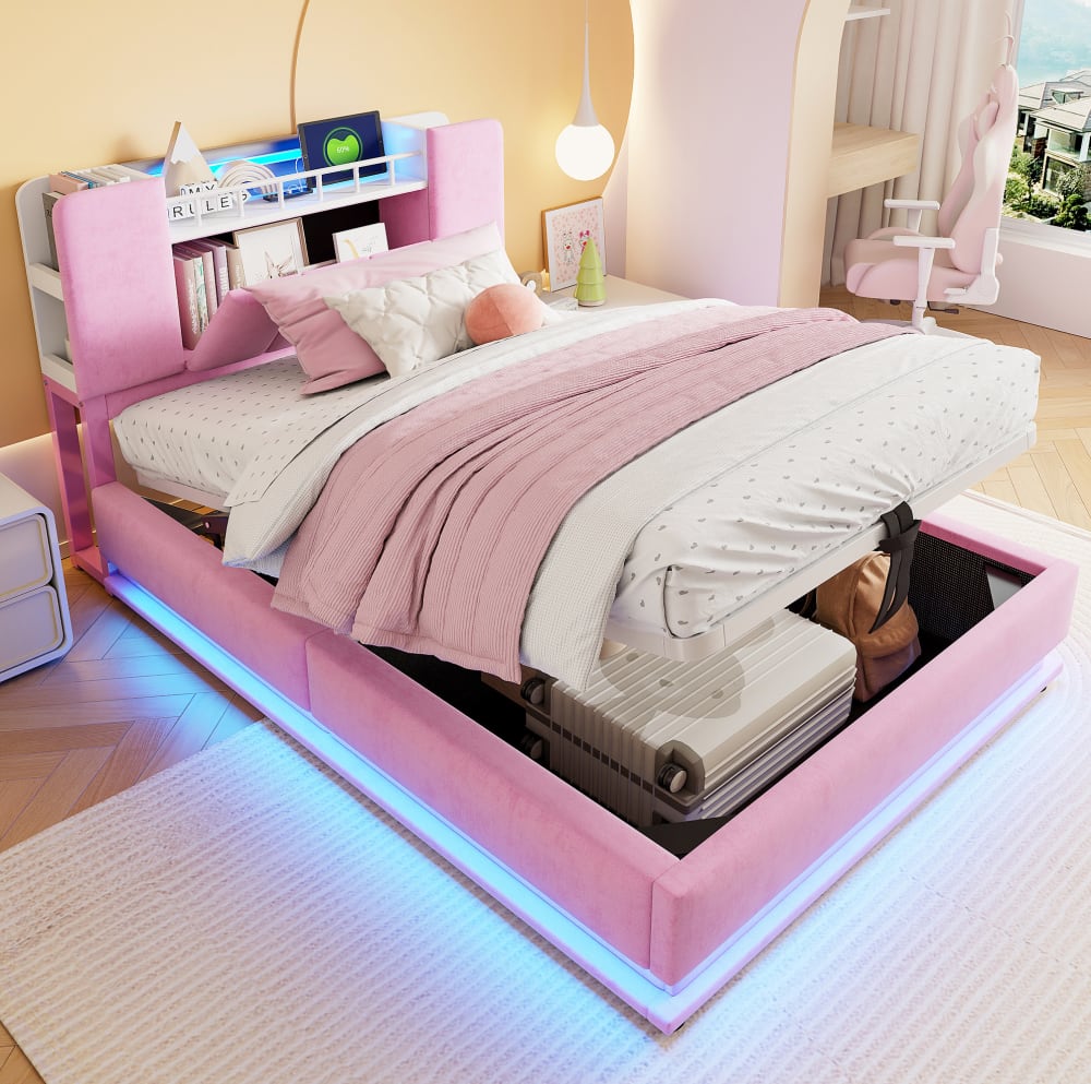 Kinderpolsterbett aus Samt rosa mit LED 90x200 cm - Maisons Du