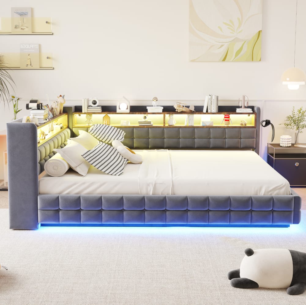 Schlafsofa aus Samt mit LED und Stauraum grau 140x200 cm -