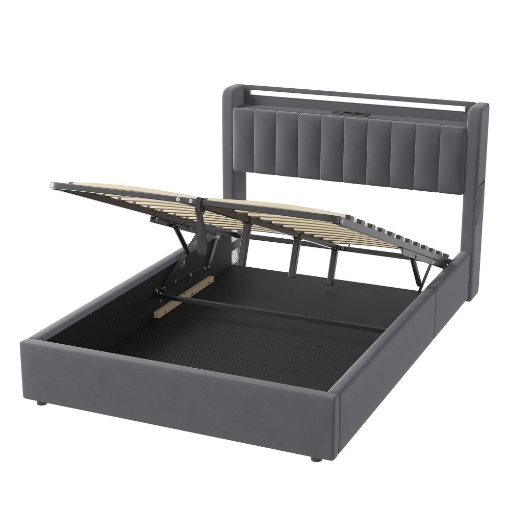 Lit double boxspring gris avec rangement, usb et led 140x200 cm