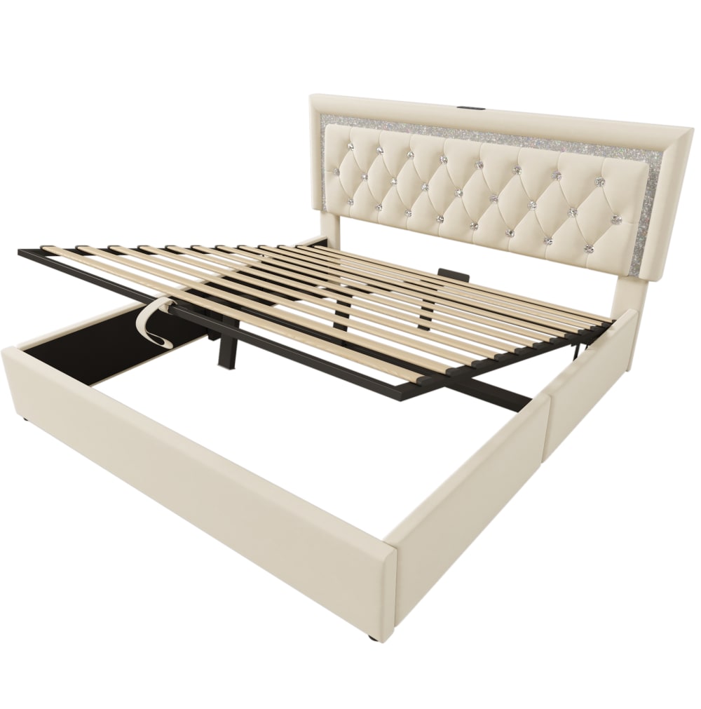 Lit rembourré avec led en velours polyester beige 140x200 cm