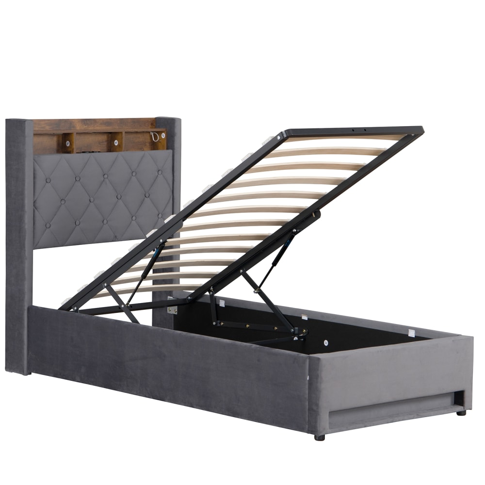 Lit capitonné en velours polyester gris avec usb et led 90x200 cm