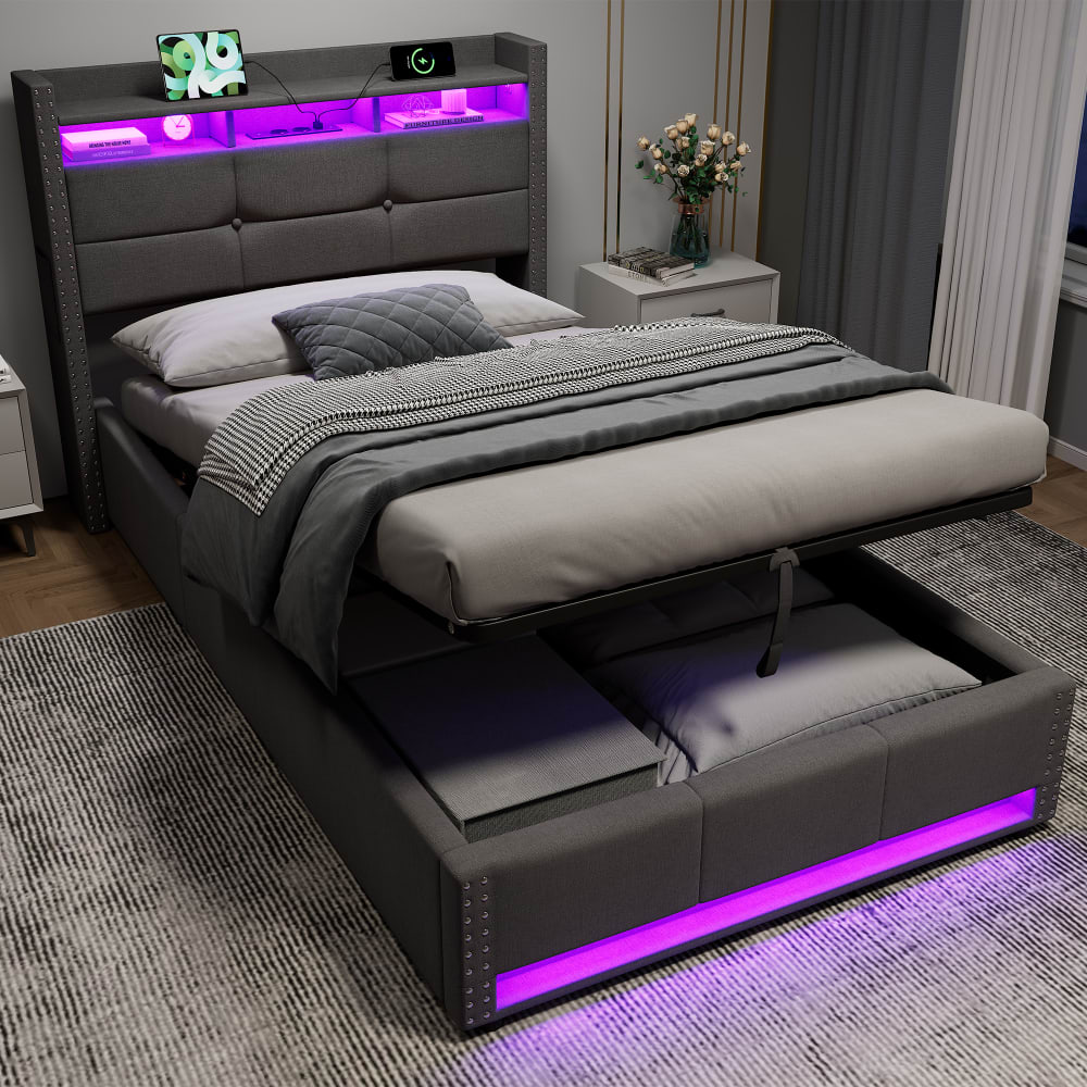 Lit simple avec led, charge et rangement 90x200 cm