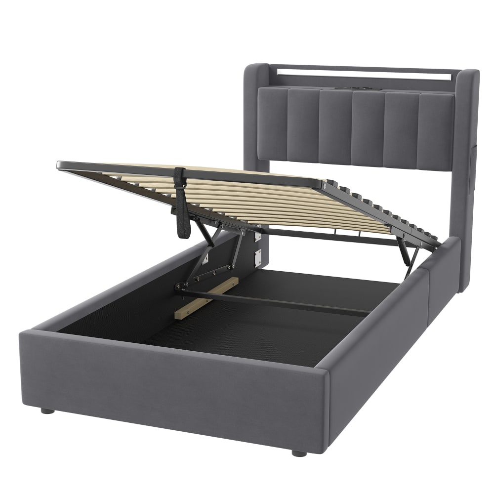 Lit simple rembourré en velours polyester avec led et usb 90x190 cm