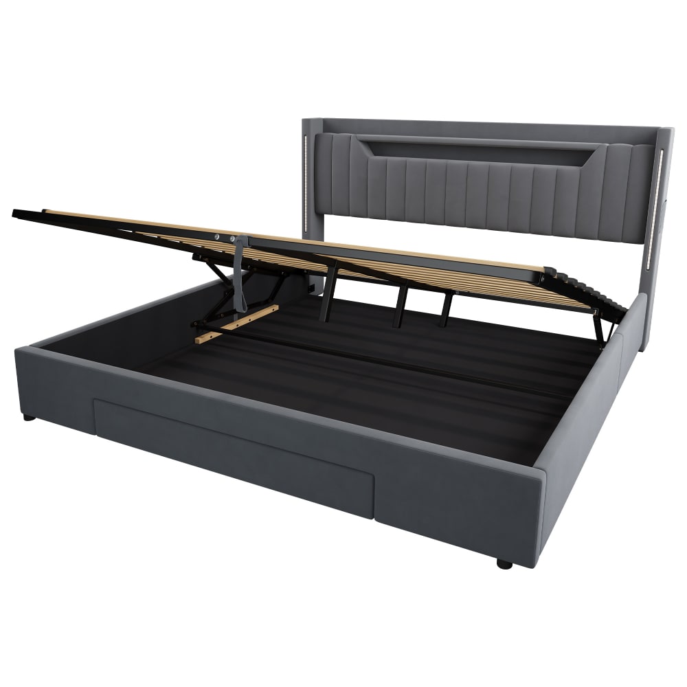 Hauss Spole Doppelbett aus Samt dunkelgrau mit LED und Schubladen 180x200 cm - Pes - Polyester
