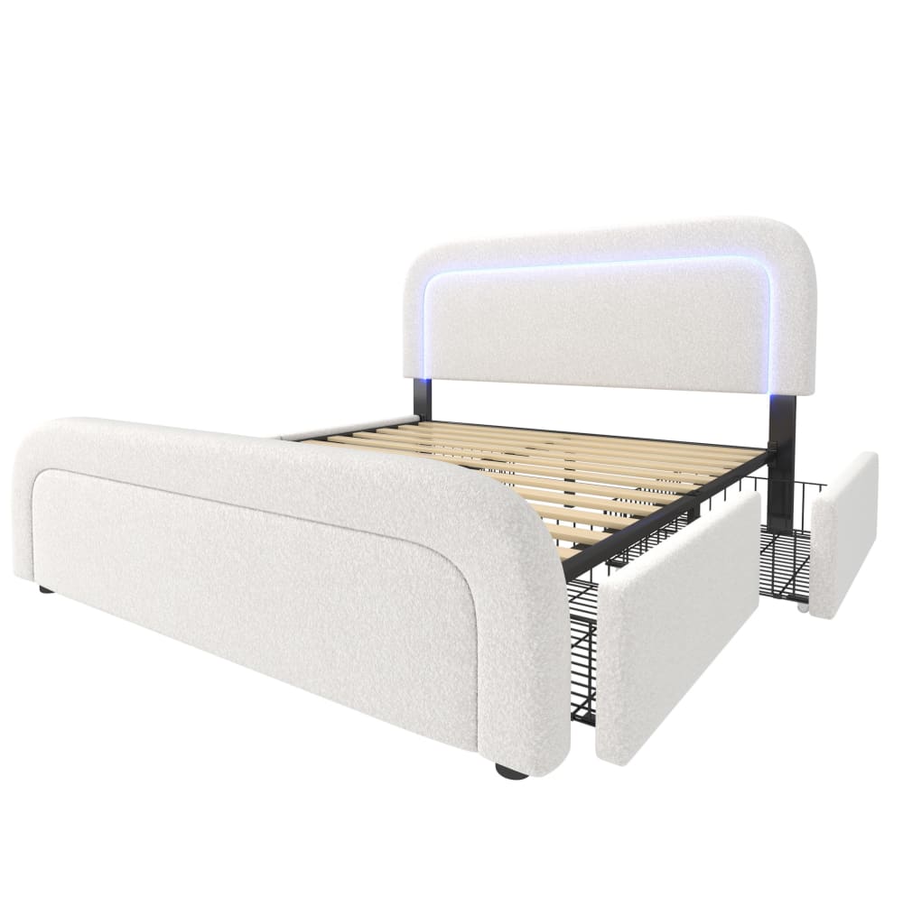 Lit rembourré en sherpa blanc avec led, usb et 4 tiroirs 160x200 cm