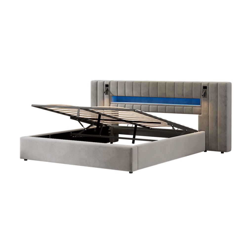 Lit rembourré en velours polyester gris avec led et usb 180x200 cm