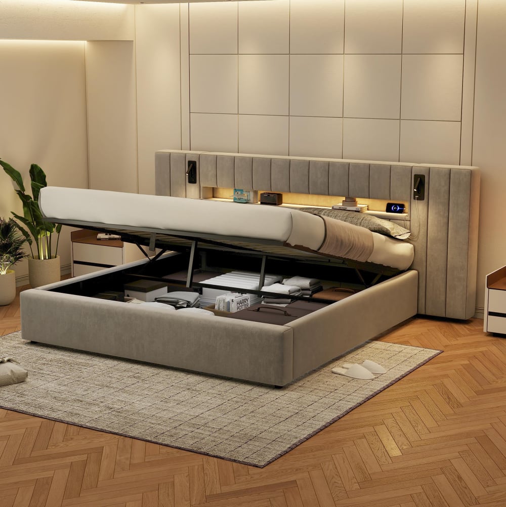 Lit rembourré en velours polyester gris avec led et usb 180x200 cm