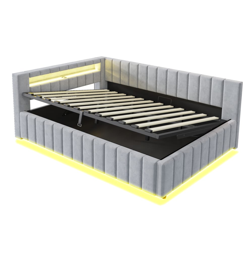 Lit rembourré en velours polyester gris avec led 140x200 cm