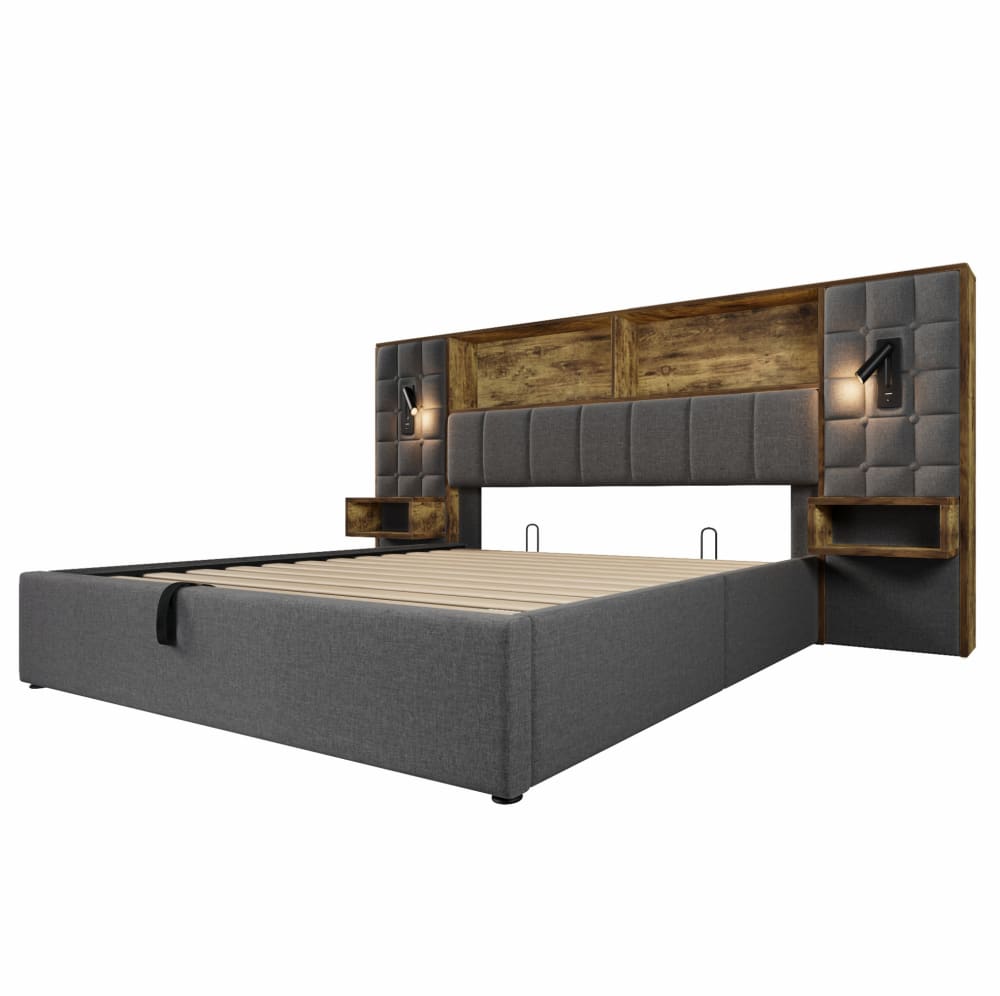 Lit rembourré en lin gris avec led et rangement 180x200 cm