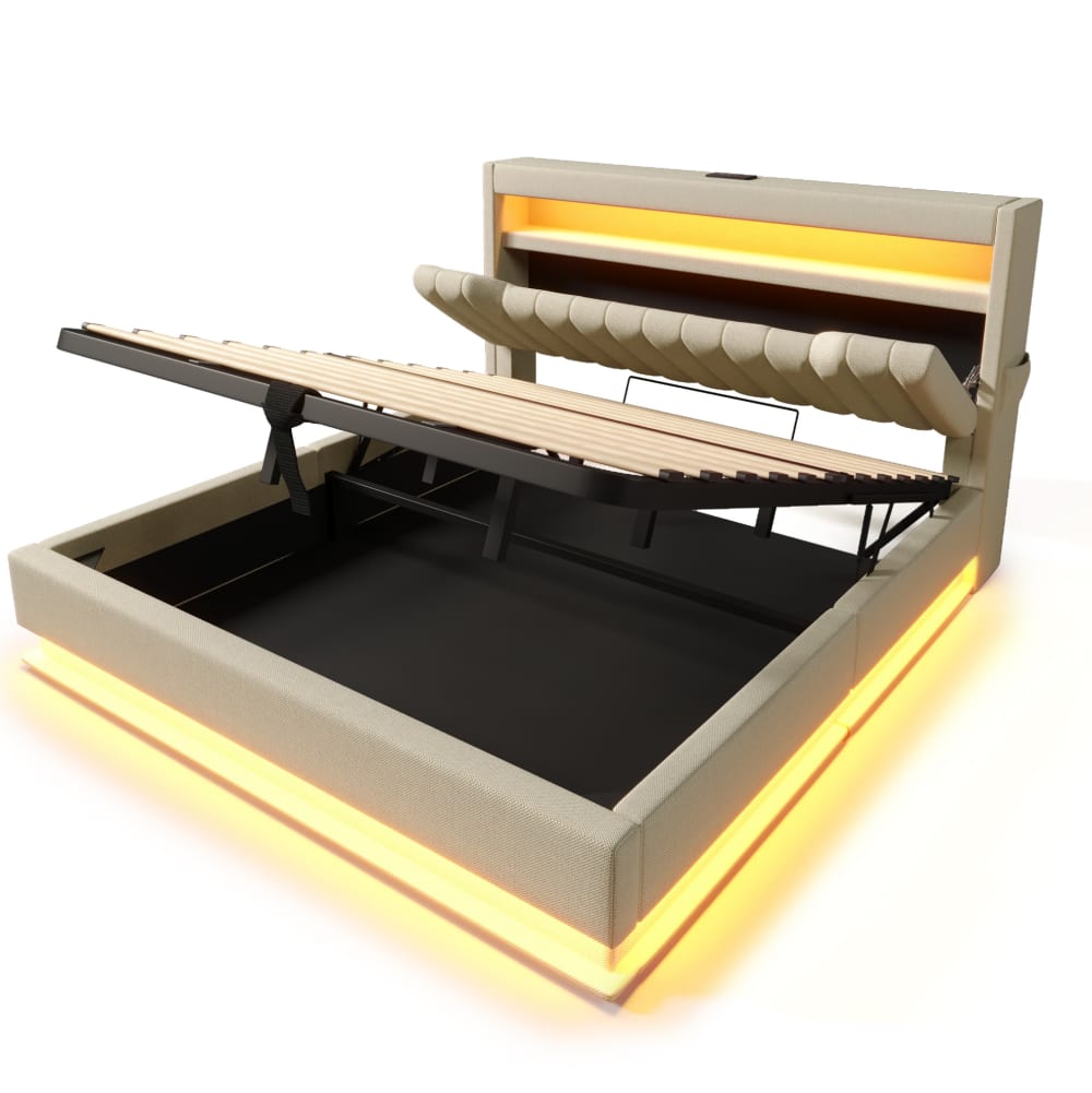 Lit avec tête de lit de rangement led beige 160 x 200 cm