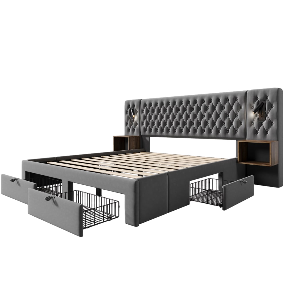 Lit en velours polyester gris avec usb et 4 tiroirs 160x200 cm