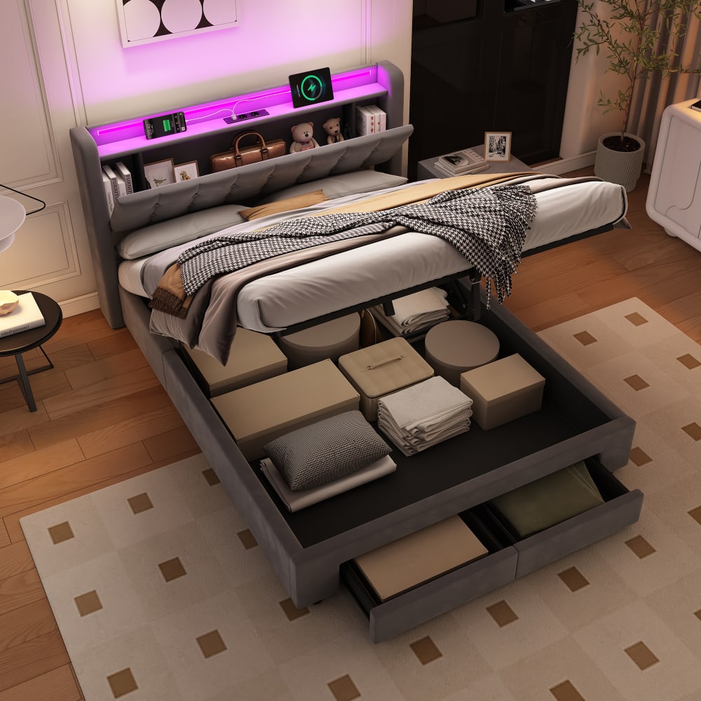 Lit jeunesse en velours polyester avec led et usb 140x200 cm
