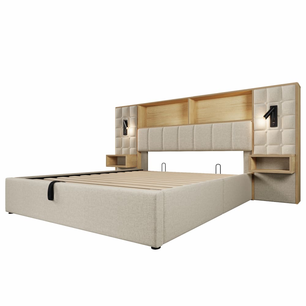 Lit rembourré en lin beige avec rangement et lampes 180x200 cm