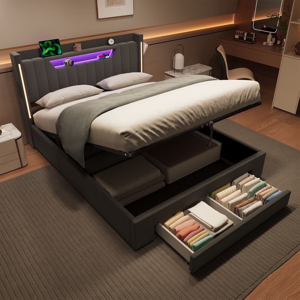 Lit simple en velours polyester gris foncé avec led 140x200 cm