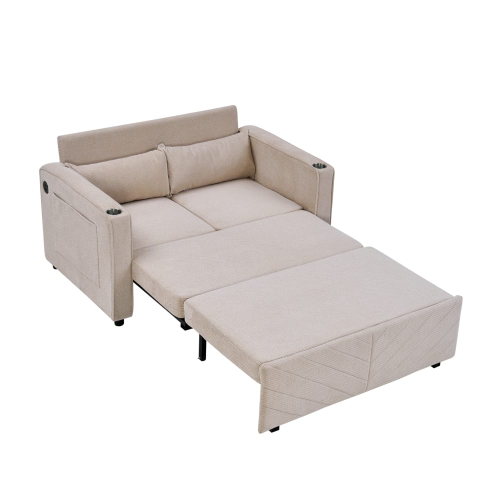 Canapé convertible 2 places en velours polyester beige 195x134x73 cm