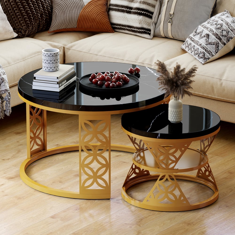 2er-Set Couchtische aus Metall schwarz und goldfarben - Maisons