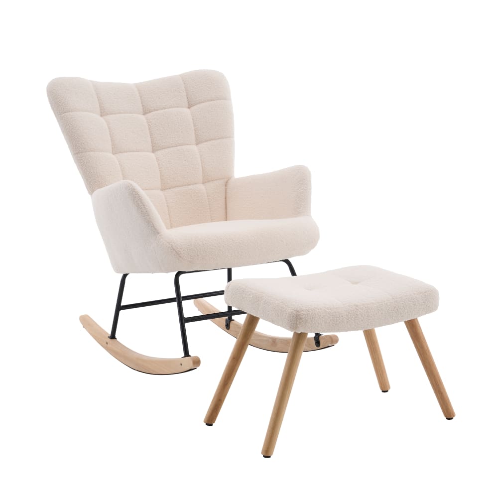 Fauteuil à bascule en laine d'agneau beige avec repose-pieds