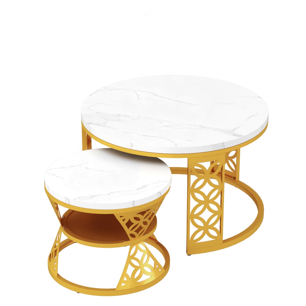 Lot de 2 tables basses en acier doré et blanc