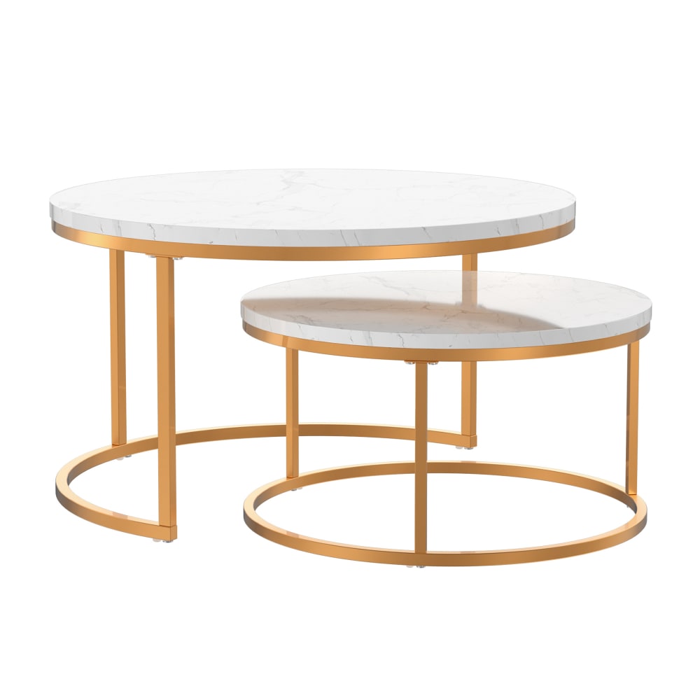 Lot de 2 tables basses rondes en acier blanc et doré