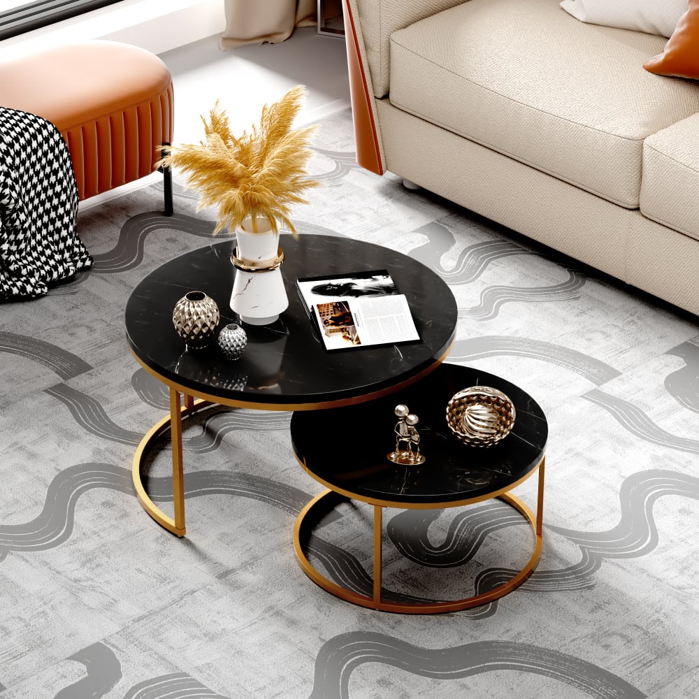 2er-Set Couchtische mit Marmoroptik schwarz und goldfarben -
